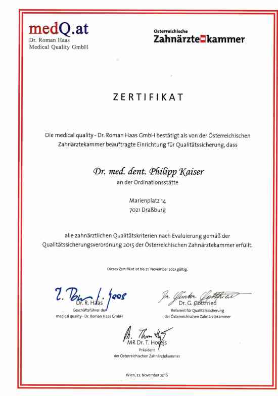 Zertifikat Dr. Philipp Kaiser, MMSc LLM
