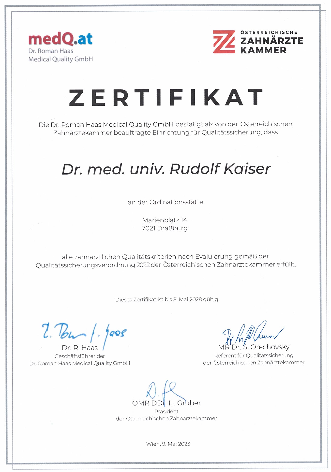 Zertifikat Dr. Rudolf Kaiser