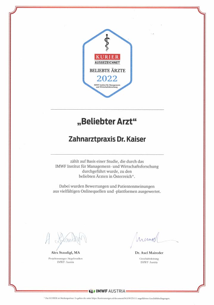 Zertifikat "Beliebter Arzt" - Zahnarztpraxis Dr. Kaiser