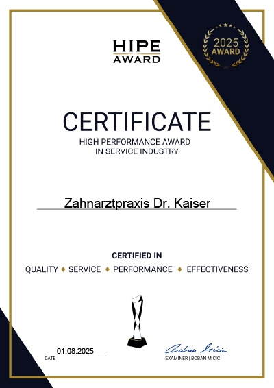 Certificate High Performance Award in Service Industry - Zahnarztpraxis Dr. Kaiser