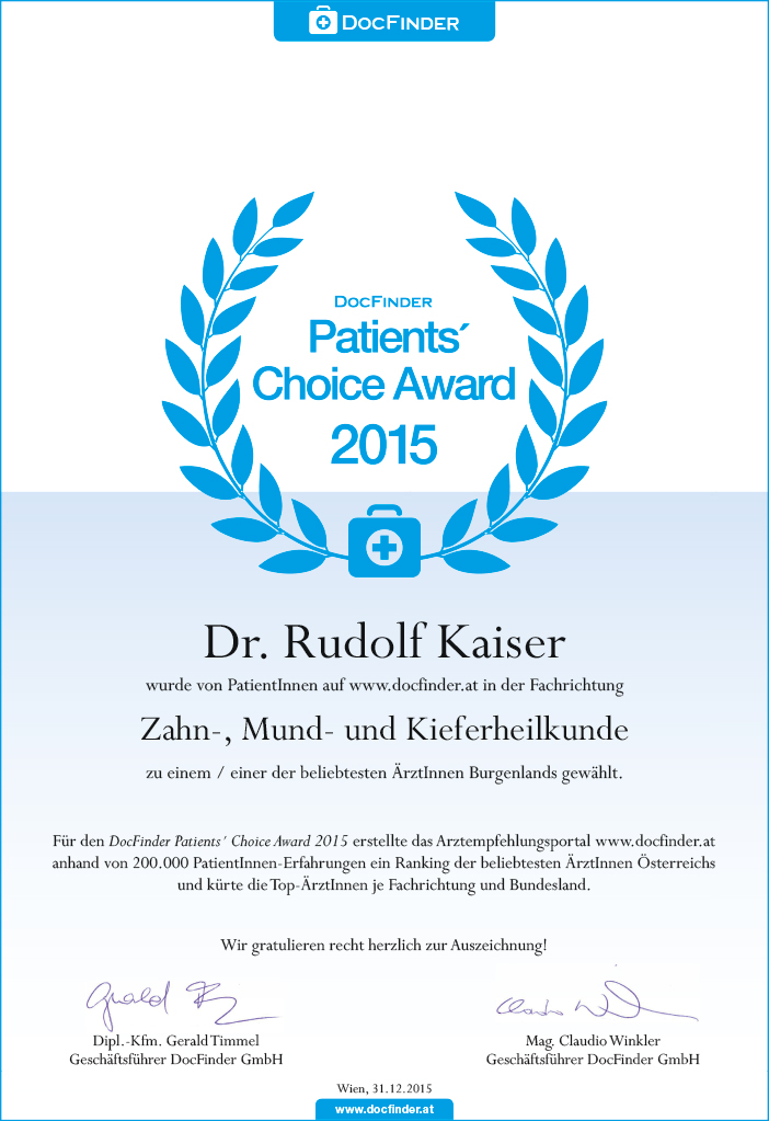 Urkunde DocFinder.at Patient's Choice Award 2015