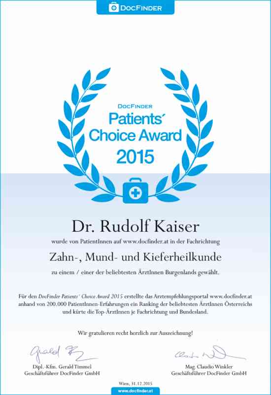 Urkunde DocFinder.at Patient's Choice Award 2015
