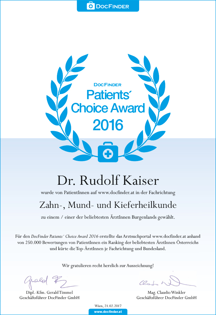 Urkunde DocFinder.at Patient's Choice Award 2016