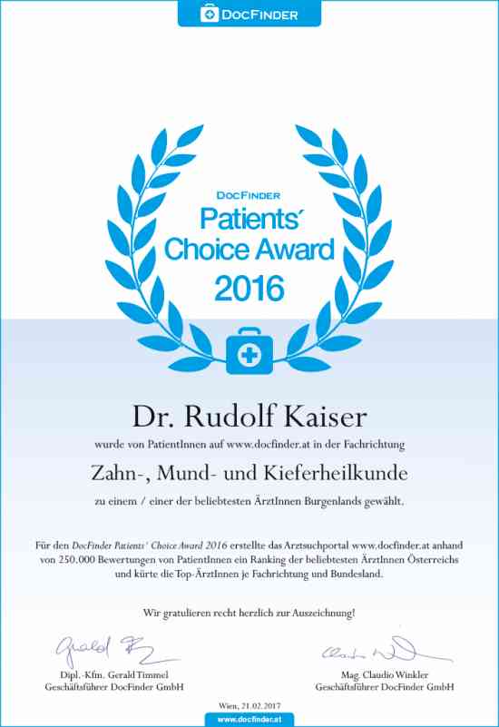 Urkunde DocFinder.at Patient's Choice Award 2016