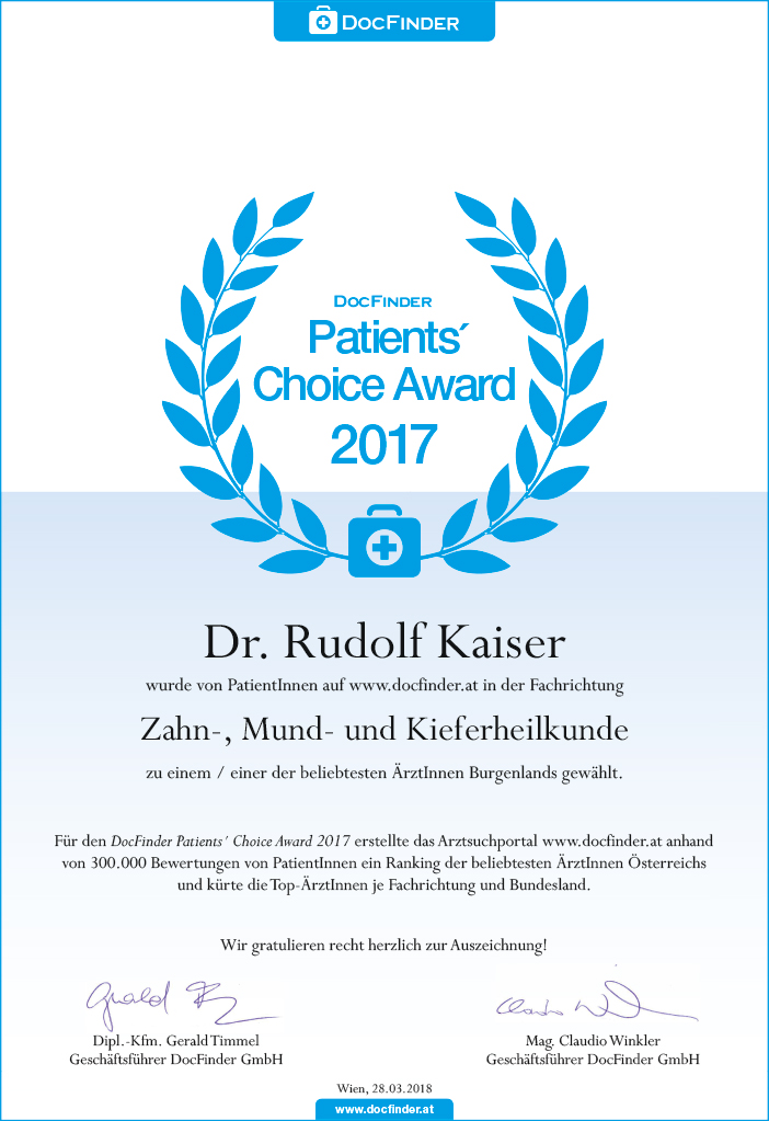 Urkunde DocFinder.at Patient's Choice Award 2017