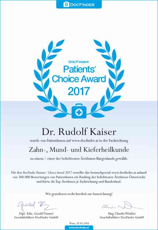 Urkunde DocFinder.at Patient's Choice Award 2017