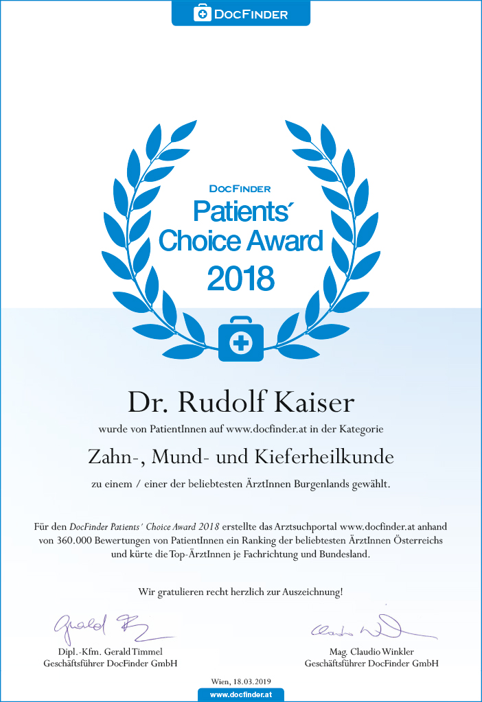 Urkunde DocFinder.at Patient's Choice Award 2018 Dr. Rudolf Kaiser