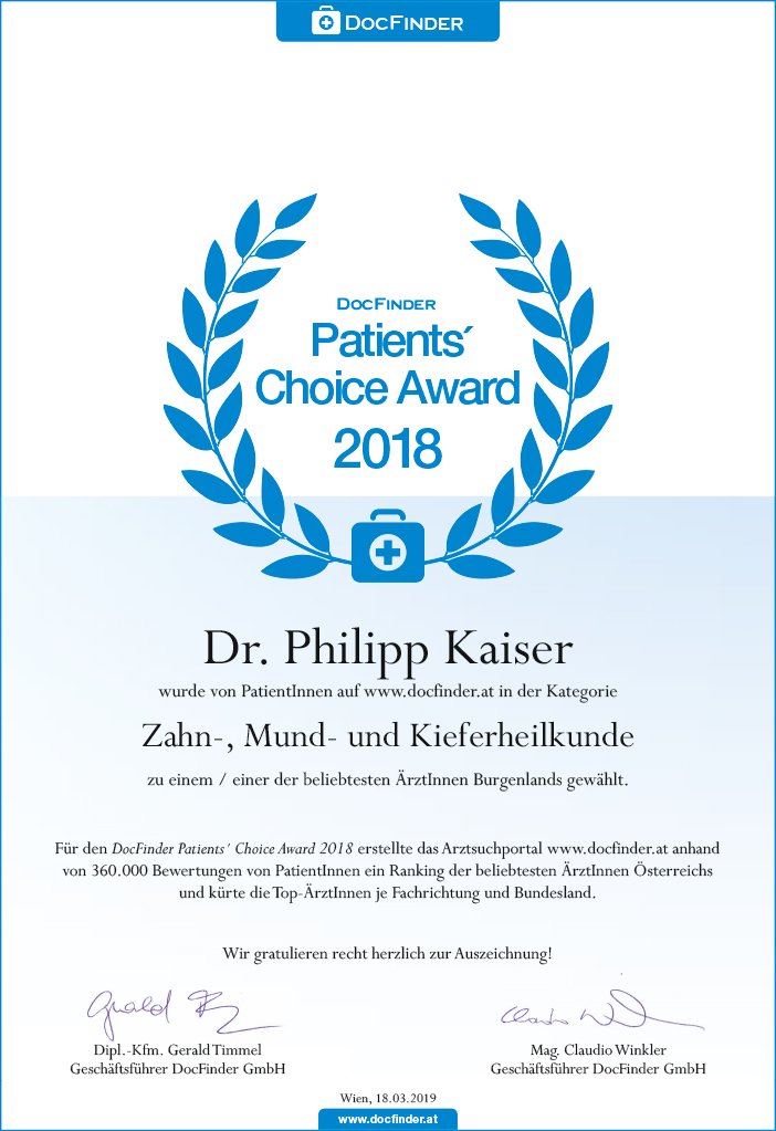 Urkunde DocFinder.at Patient's Choice Award 2018 Dr. Philipp Kaiser